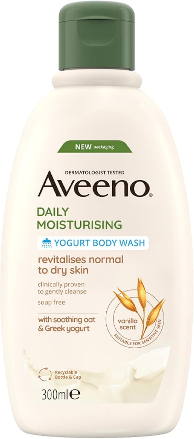 Aveeno Daily Moisturising Yogurt Body Wash Shower Gel 300 ml with Prebiotic Oat and Probiotic Greek Yogurt for Normal to Dry Sensitive Skin