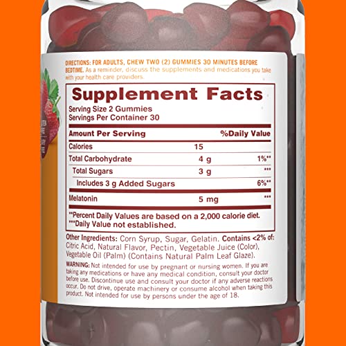 SUNDOWN MELATONIN 5MG GUMMIES FOR SLEEP SUPPORT, NON-GMO, DAIRY-FREE, GLUTEN-FREE, NATURAL STRAWBERRY FLAVOR, 60 COUNT