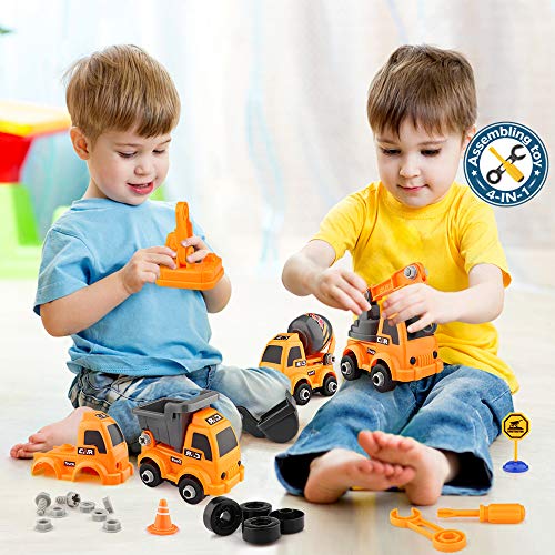 EpochAir Kids Construction Toys Set, 4 PCS Assembly Vehicles Boy Toys Construction Play Vehicles Trucks Car Toy, Including Excavator Crane Dumper Tank Truck for Kids Toddlers Children Boys and Girls