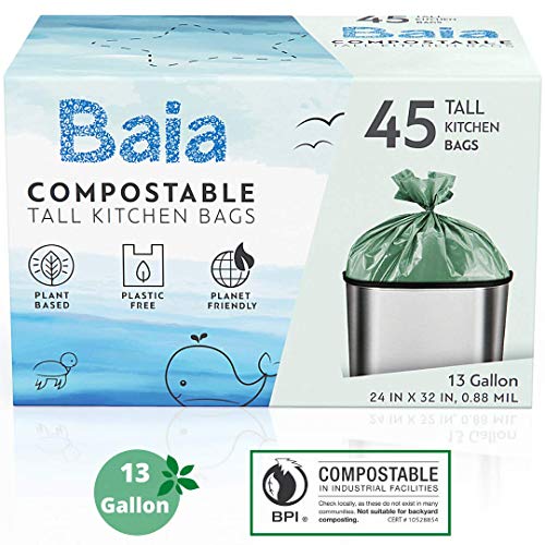 Baia Compostable Tall Trash Bags, BPI ASTM D6400 Certified, 13 Gallon
