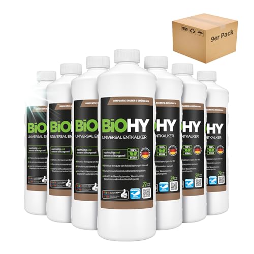 BiOHY Universal Entkalker (9 x 1L) | Konzentrat für Kaffeemaschinen, Wasserkocher, Glaskannen & Haushaltsgeräte | Starker Kalklöser auch für Glas- & Edelstahlfl