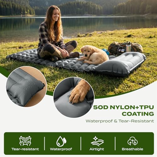 RUMBALUXY Inflatable Camping Sleeping Pad with Built-in Foot Pump Waterproof & Tear-Resistant 50D Nylon Mattress Portable, Compact Air Mat Camping Mat for Backpacking, Hiking, Tents, Grey