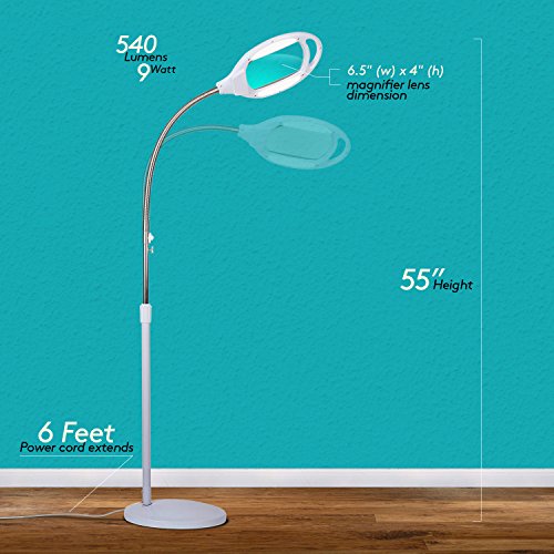 Brightech LightView Pro LED Magnifying Floor Lamp - Daylight Bright Full Spectrum Magnifier Lighted Glass Lens - Height Adjustable Gooseneck Standing Light - For Reading Task Craft Lighting - White