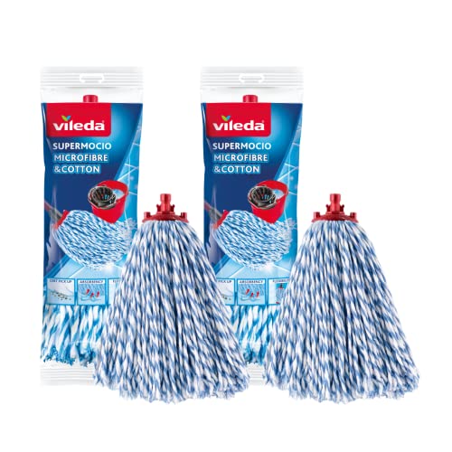 Vileda SuperMocio Lot de 2 tetes de Rechange en Microfibre et Coton pour Balai SuperMocio Compatible avec Tous Les balais SuperMocio Authentic Vileda Blanc 18 x 10 x 37 cm