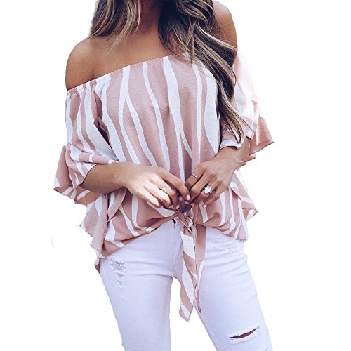 Women's Loose Striped 3/4 Bell Sleeve Off The Shoulder Front Tie Knot T Casual Shirt Tops Blouse (Pink, M) - Thumbnail 3