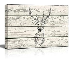 Block Print Stag Deer with Antlers Artwork - Rustic Canvas Wall Art Home Art - 12x18 inches