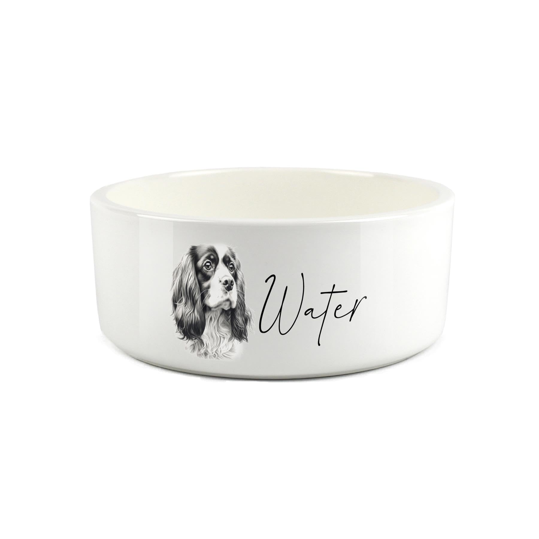 King Charles Cavalier Spaniel Pet Bowl - Black & White Portrait Large Ceramic Water Bowl - White Water Dish For Dogs
