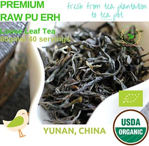 Tranquil tea, Organic USDA Raw Pu erh Tea, 80 gm/ 40 servings, Weight loss Tea,Premium Loose Leaf Tea