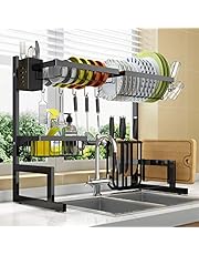 Dish Drying Rack Over Sink Adjustable (25.6"-33.5"),2 Tier Stainless Steel Length Expandable Kitchen Dish Rack,Large Dish Rack Drainer for Kitchen Organizer Storage Space Saver with 10 Utility Hooks