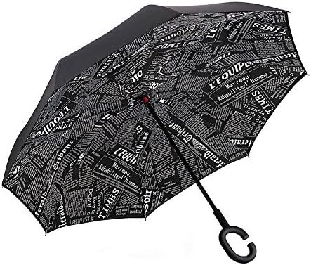 Reverse Folding Umbrella With C-Shaped Handle, MJFOX Double Layer Inverted Umbrella Cars Reverse Windproof UV Protection Big Straight Umbrella for Car Rain Outdoor (Black Newspaper)