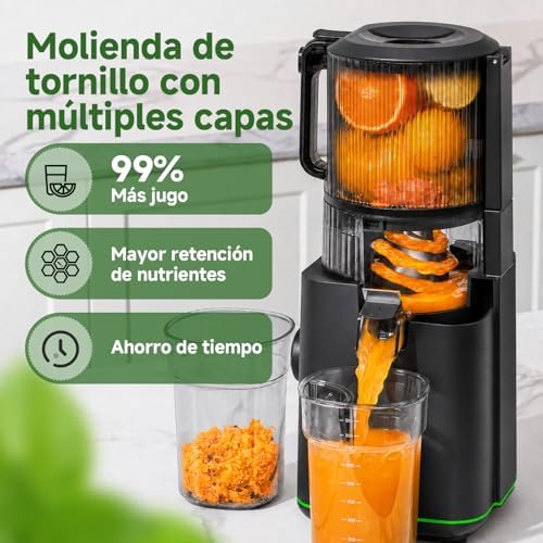 Extrator de sumo prensado a frio 600W, espremedor com boca XL 160 mm, espremedor lento de 2,5 L para frutas e legumes integrais, 2 filtros (sumo, leite vegetal, sorvete), fácil de limpar, preto mate
