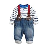 Yo Coco Baby Boys Long Sleeve Striped T-Shirts + Jean Bib Pants 2pc Sets Outfits Size 0-1 Years