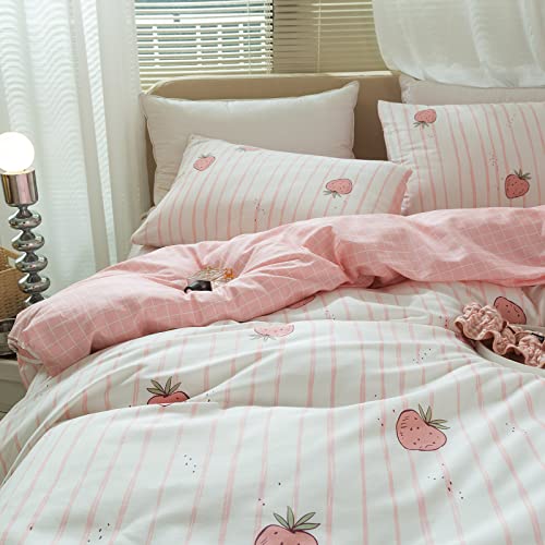LifeTB Cute Strawberry Duvet Cover Full Size (80x90) - Soft Cotton Pink Bedding Set, Cartoon Fruits Style Comforter, Kawaii Kids for Boy Girl
