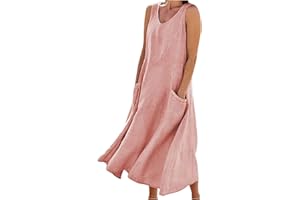 Wkishenl Summer Dresses for Women 2024 Plus Size Cotton Linen Dress Casual Sleeveless V-Neck Dress Tank Dress with Pockets