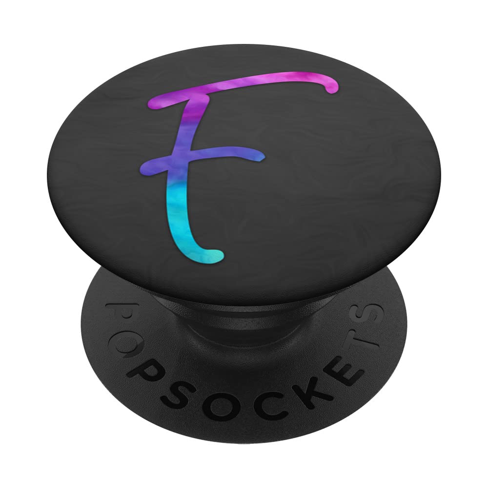 Purple and turquoise Cyan letter F monogram On Black PopSockets Swappable PopGrip
