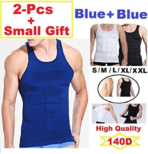 2pcs Mens Compression Slimming Body Shaper Undershirt 2 white or 2 black + Free Gift (XL, blue+blue)