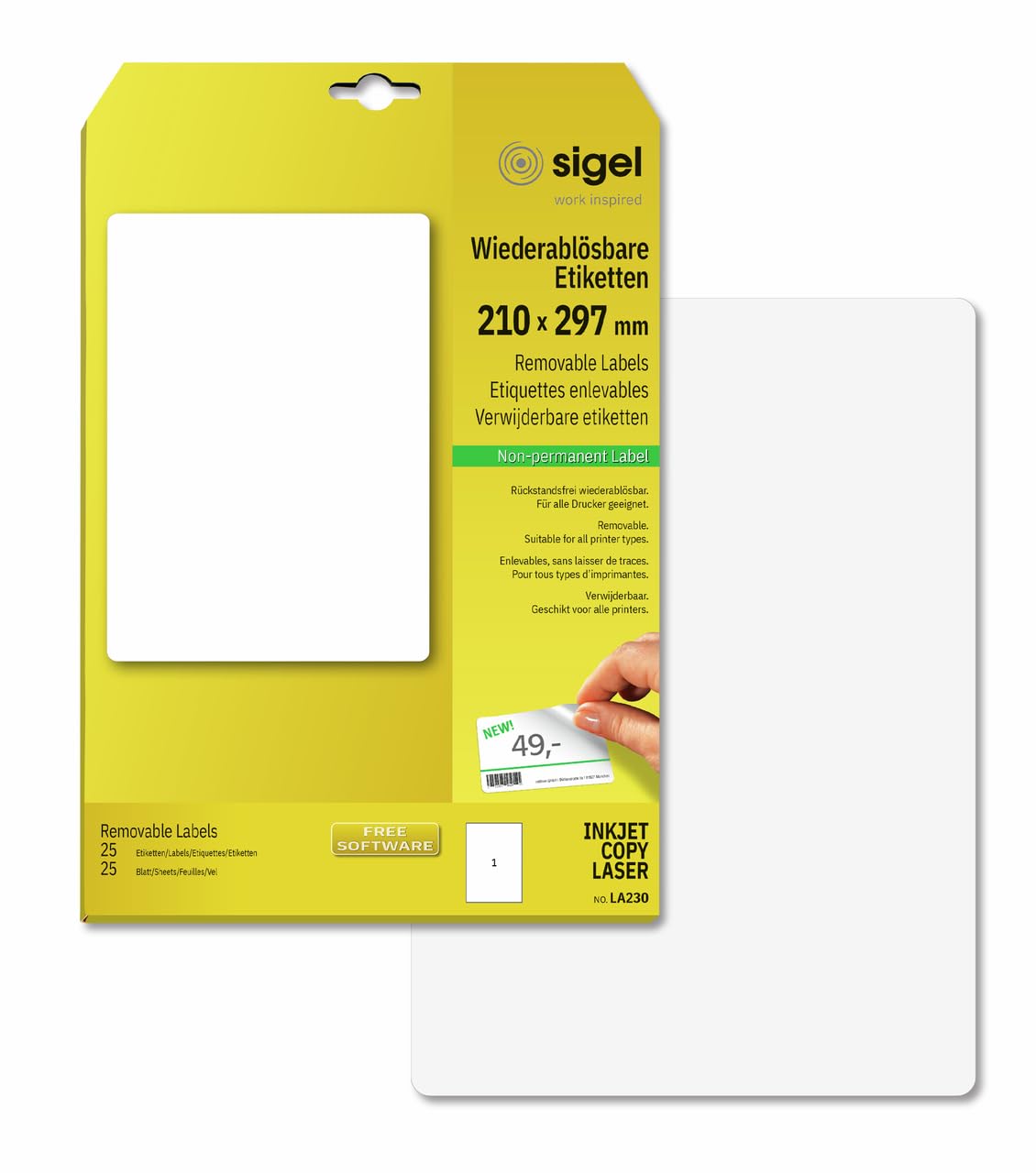 SIGEL LA230 Universal Removable Labels, 21 x 29,7 cm, 25 lbl equal to 25 sheets, White
