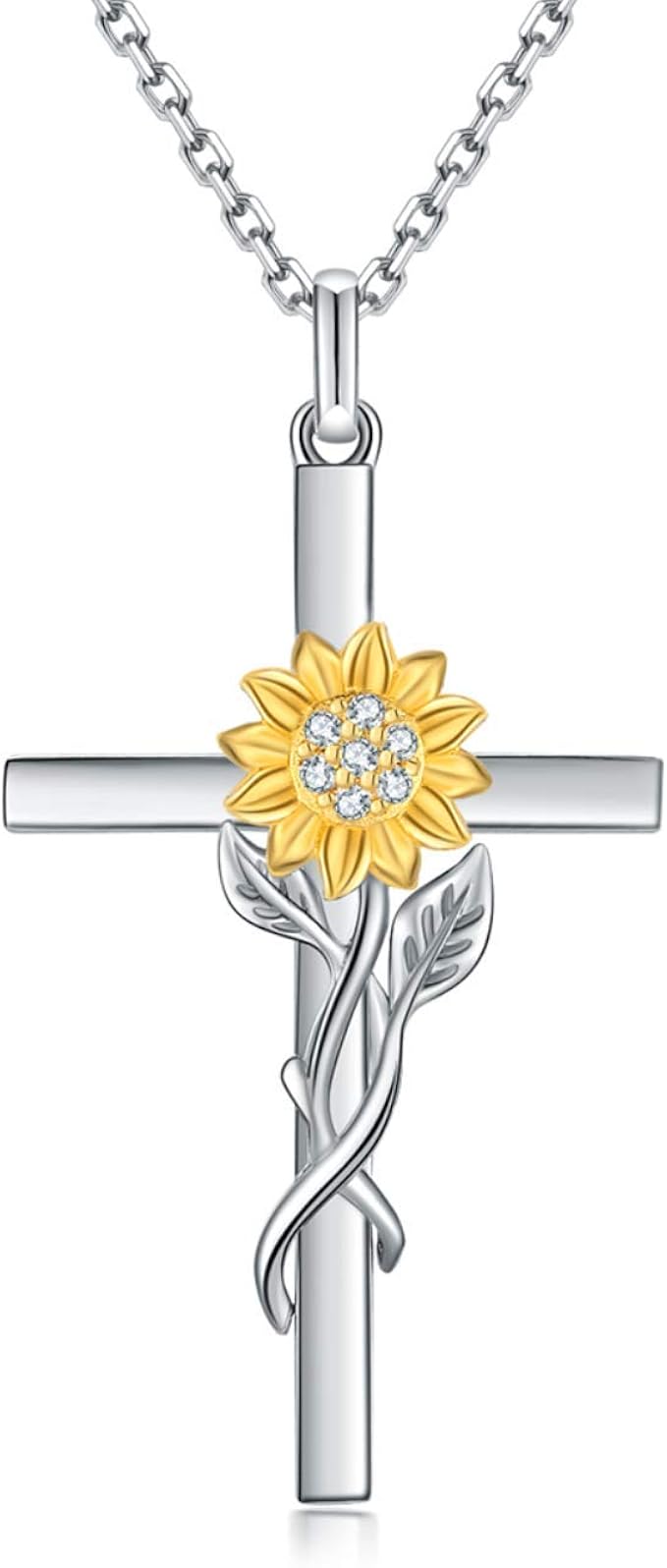 DIOFRG Sunflower Cross Necklace Sterling Silver Dainty Sunshine Pendant