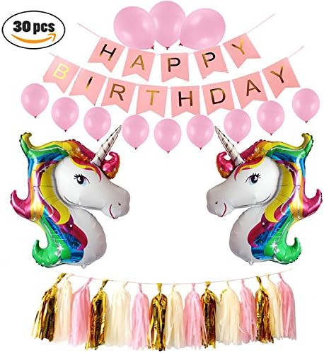 Kwayi Happy Birthday Decorations, Unicorn Balloon Party Supplies With Latex Balloon Paper Tassel Garland And Banner 30PCS For Birthday Party