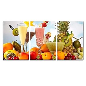 3 Piece Canvas Wall Art - Tropical Fruits Smoothies with Garnishes - Modern Home Art Stretched and Framed Ready to Hang - 16"x24"x3 Panels