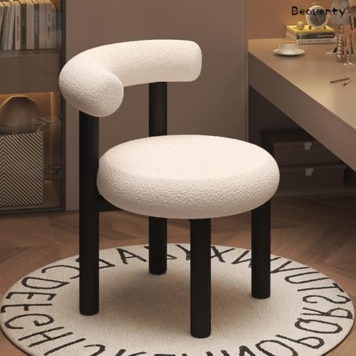 Beauenty Vanity Chair, Cashmere Makeup Chairs with Back, Modern Dining Chair with Metal Legs, Sofa Stool Vanity Stool for Dressing Room, Bedroom, Makeup Room (White)