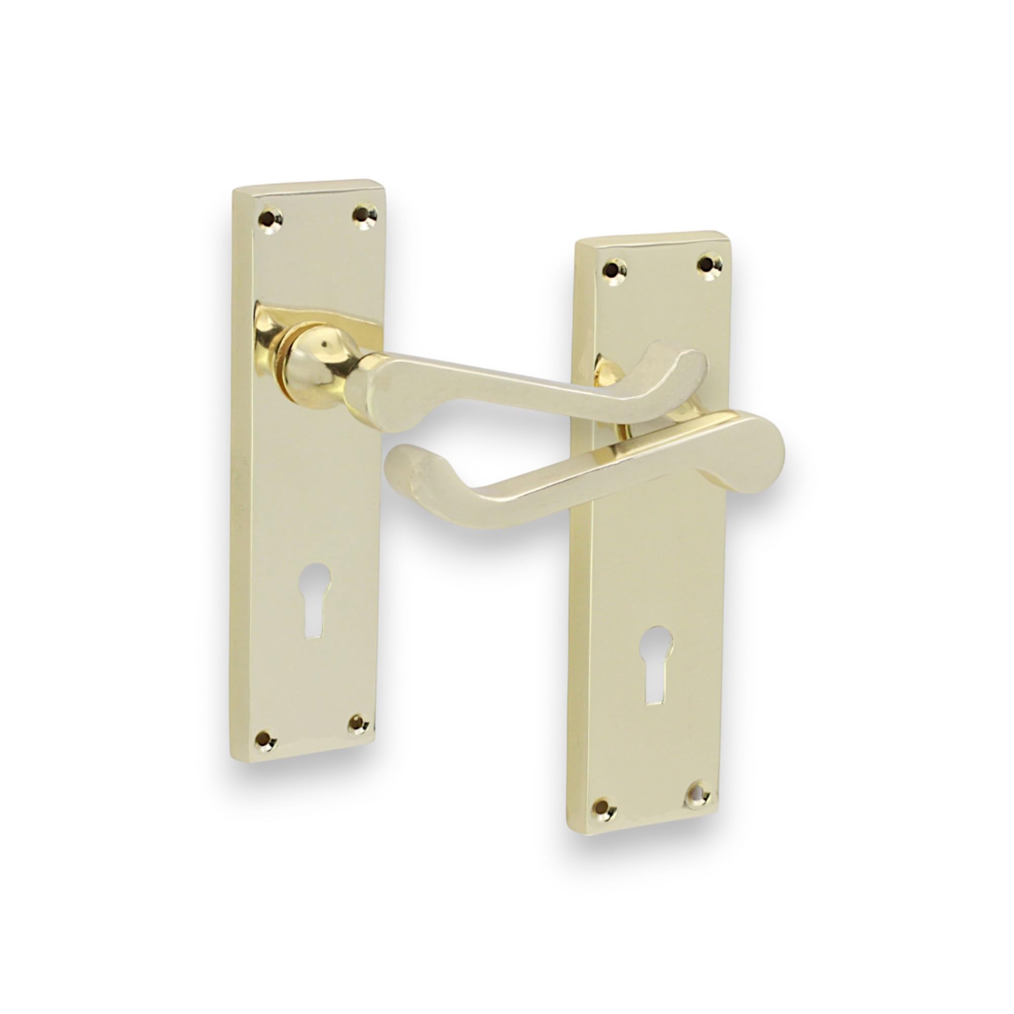 Infinity Decor Set of Polished Brass Victorian Scroll Lever Lock Door Handle on Rectangular Backplate – Key Lock Lever for Interior and Exterior Use