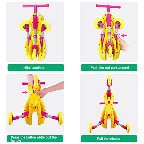 Freshday Toddlers Glide Tricycle for Indoor and Outdoor Use, Foldable Kids Fly Bike Trike Scooter, Non Scratch Wheels and No Assembly Required (Pink)