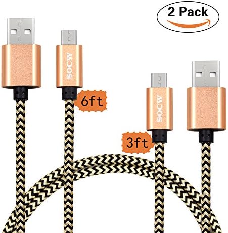 SOCW USB Cable, 2 Pack(3.3ft+6.6ft) Braided Micro USB Cable/Samsung Charging Cable - Android Charging Cable for Galaxy S7/S6, Sony, Motorola, HTC and More - Gold