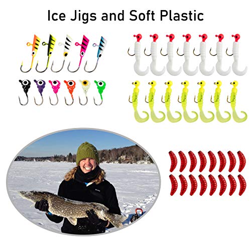 Dr.Fish Ice Fishing Lures and Jigs Kit Marabou Jigs 132pcs Ice Fishing