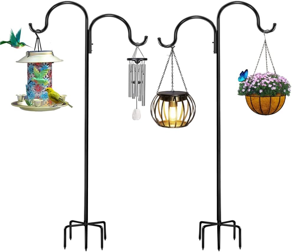 Outdoor Shepherd's Hooks - Outdoor Shepherd Hook Stand, Extra Thick Bird Feeder Pole with 5 Prong Base (2 Packs), Heavy Duty Garden Plant Hanging Stake Hummingbird House Holder Solar Light Hanger… (76 inch, Double Hook)