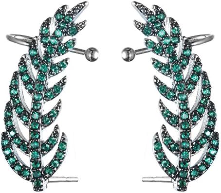 KIVN Fashion Jewelry Feather Emerald Pave CZ Cubic Zirconia Ear Cuff Ear Crawler Climber Earrings for Women(Emerald)