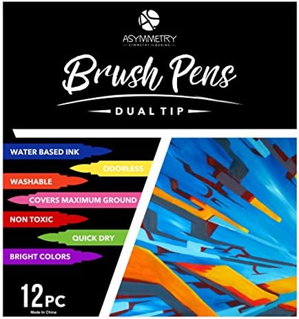 aSymmetry Exclusive Dual Tip Brush Pens, 12 Bright Colors, Odorless Water based Nontoxic Ink - A Perfect Round Brush Pen Set