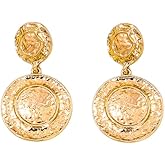 DIAMANTIO Vintage 18K Gold Plated Textured Coin Drop Earrings – Boho Statement Dangle Earrings for Women, Retro Hammered Disc Design