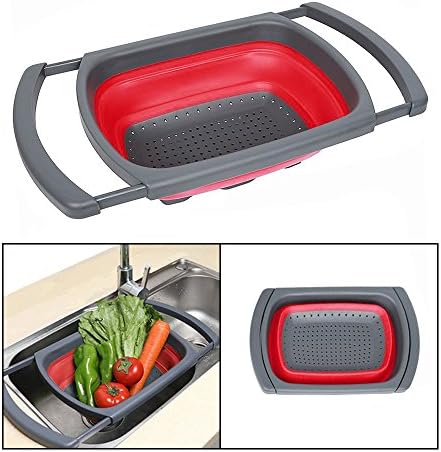 Fihco Collapsible Kitchen Colander/Strainer with Extendable Handles, 6-quart Capacity Over the Sink Colander, Folding Strainer for Draining Fruit &amp; Pasta &amp; Vegetable [Red]