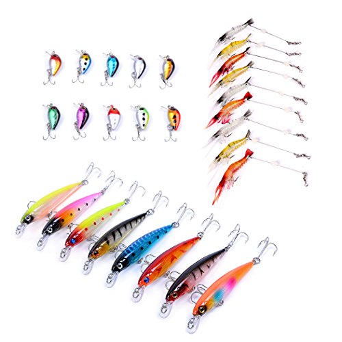 Aorace Fishing Lures Squid 3D Laser Minnow Jerkbait Mini Hard Crankbait Bass Salmon Trout swimbaits Soft Shrimp Baits For Saltwater Freshwater 27Pcs/lot fishing gear kit