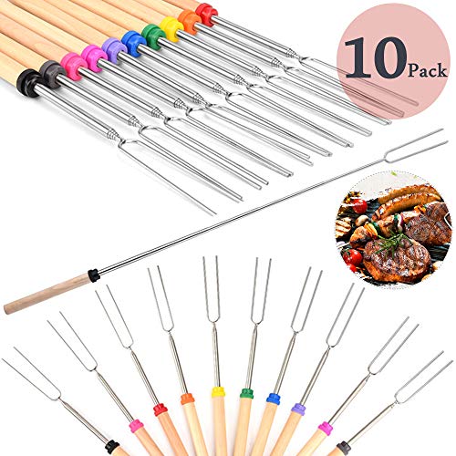 Coffee4u Marshmallow Roasting Sticks, Set Of 10 Barbeque BBQ Skewers, 32-inch Long Extended Smores & Hot Dog Fork With Wooden Handle For Campfire Pit.