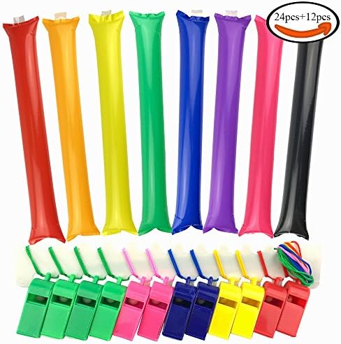 SHAN RUI 12pcs Neon Plastic Whistle with Lanyards and 24pcs Colorful Thunder Cheer Sticks Noisemaker for Party Favor, with a Grey Bag