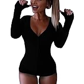 Roselux Women's Sexy Deep V Neck Shorts Long Sleeve Knitted One Piece Bodysuit Sexy Pajama Onesie Bodycon Rompers Overall
