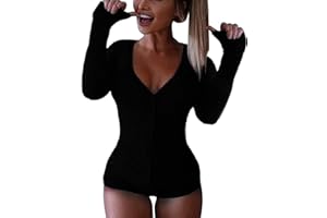 Roselux Women's Sexy Deep V Neck Shorts Long Sleeve Knitted One Piece Bodysuit Sexy Pajama Onesie Bodycon Rompers Overall