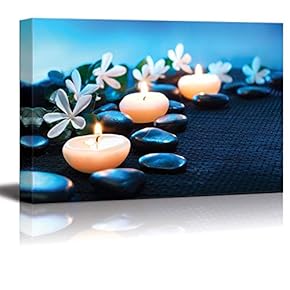 Canvas Prints Wall Art - Candles and Black Stones on Black Mat Spa Concept | Modern Wall Decor/Home Decoration Stretched Gallery Canvas Wrap Giclee Print. Ready to Hang - 12" x 18"