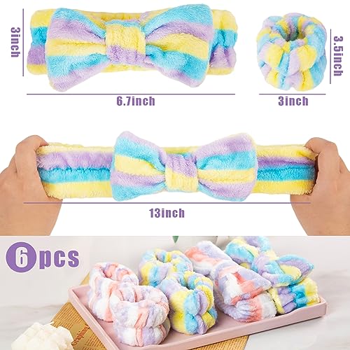 Shindel 6PCS Face Wash Headband Set, Makeup Wash Headbands with Wristbands Coral Fleece Bow Hair Bands for Women Spa Skin Care Yoga