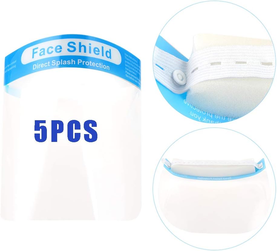 LAMBO Face Protective Visor, Adjustable Safety Full Face Cover with Elastic Button Belt and Sponge Anti-Fog Transparent Mask Visor Protection from Splash and Splatter for Adult and kids 5PCS