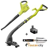 Ryobi ONE+ 18-Volt Lithium-Ion String Trimmer/Edger and Blower/Sweeper Combo Kit - 2.6 Ah Battery and Charger Included P2034 and Toucan City Hand Trowel