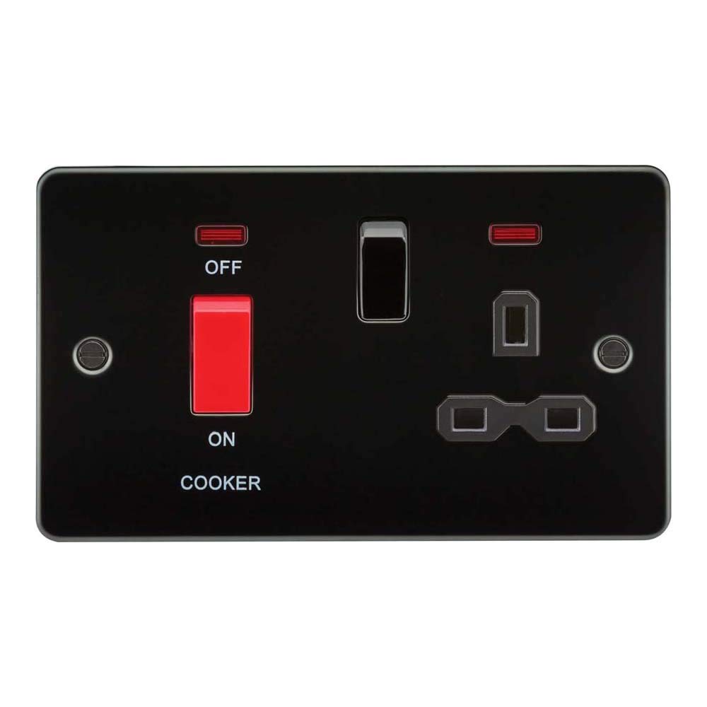 Knightsbridge FPR8333NGM Flat Plate DP Switch and Switched Socket with Neon, Gunmetal with Black Insert, 45 A/13 A