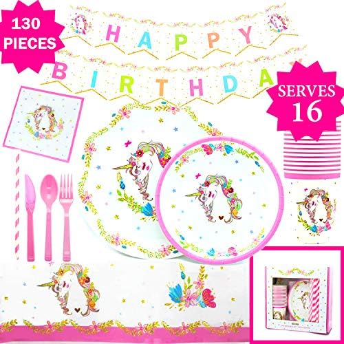 Gold Orongo Unicorn Party Supplies | Beautiful Birthday Decorations for Girls -Serves 16 - Unicorn Themed Party Magical Day for Your Little Princess | Complete Disposable Pink Set (130 Item kit)