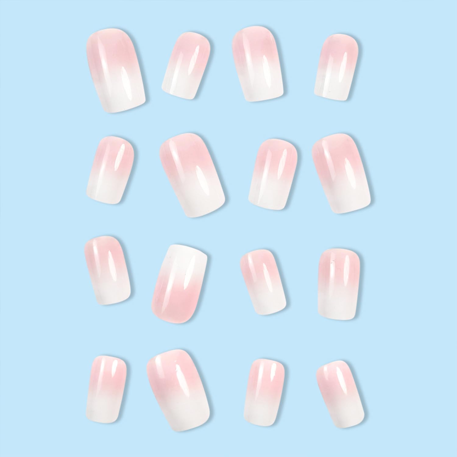 Ombre Press on Nails - Medium Square Pink White Gradient French Tip False Nails, Glossy Full Cover Stick on Acrylic Artificial Reusable Glue on Nails, 24Pcs - Image 3
