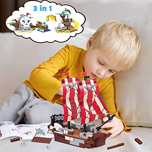 Finebely 3in1 Pirate Ship Building Set with Treasure Island, Toy Pirates Island Building Kit