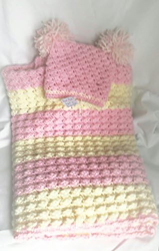 READY TO SHIP - handmade crochet baby blanket and pom pom hat set