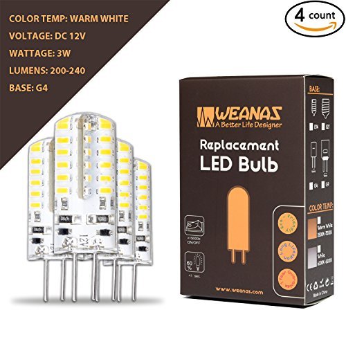Weanas 4x G4 Base 48 LED Light Bulb Lamp 3 Watt DC 12V Warm White Undimmable Equivalent to 20W T3 Halogen Track Bulb Replacement 360Â° Beam Angle