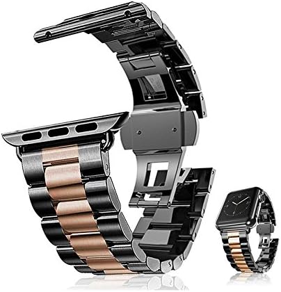 AWSTECH for Apple Watch Strap 42mm Black Rose Gold Stainless Steel Band Wrist Band Watchband Bracelet Replacement with Butterfly Buckle for iWatch Series 1 & Series 2 Sport Edition